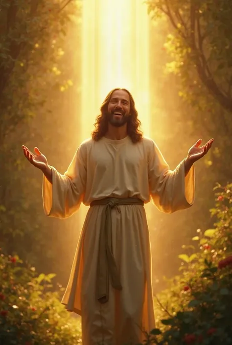 Jesus amable, happy, there is a pillar of divine light above him up to his feet, His hands are open, It is in a beautiful garden in the golden light of the sun