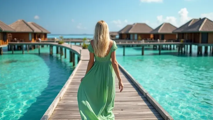 A blonde woman with long hair wearing an elegant green flowing dress walks along a wooden bridge leading to overwater bungalows. The crystal-clear turquoise water surrounds the scene, reflecting the bright blue sky. A gentle breeze makes the edges of her d...