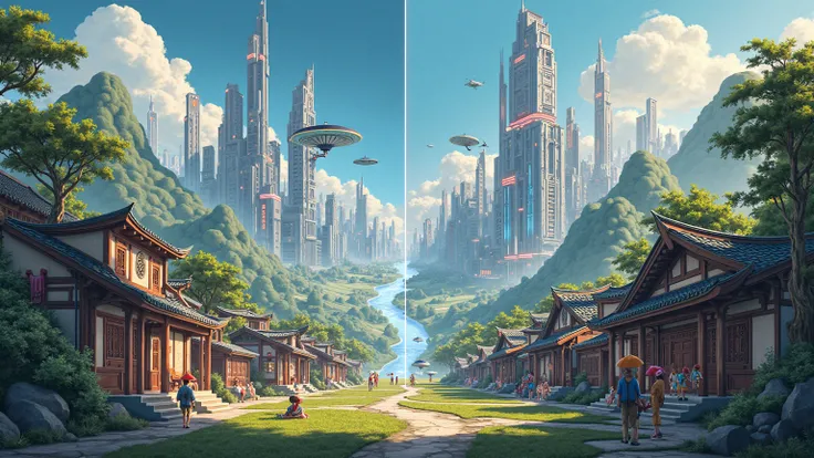 A split illustration showing a rural Chinese village on one side and a futuristic megacity on the other..
