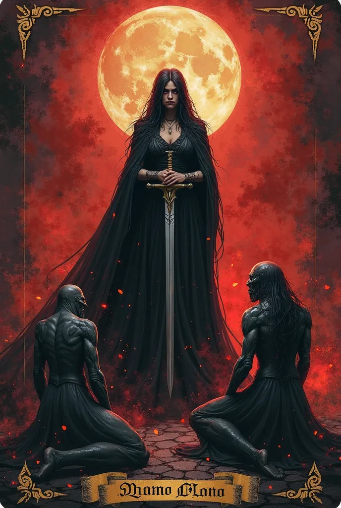 Queen of swords demons on her knees red moon black and red tarot palette nights mysticism blurred background sword in hand change face inscription at the bottom of the card queen of swords