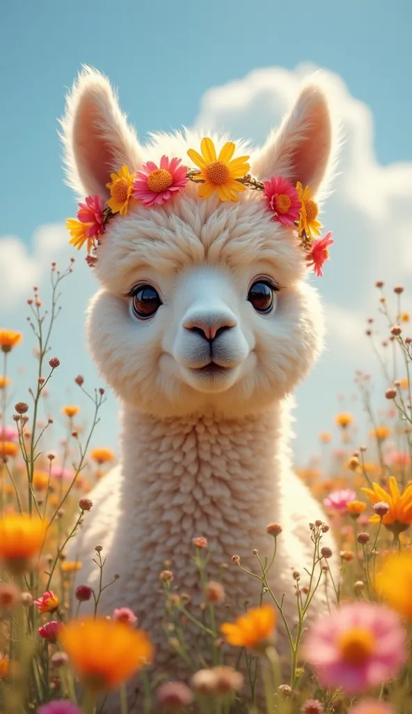 A hyper-realistic close-up portrait of a fluffy alpaca with soft, cream-colored fur, standing in the middle of a colorful wildflower meadow under a bright blue sky with fluffy white clouds. The alpaca wears a delicate floral crown made of bright orange, pi...