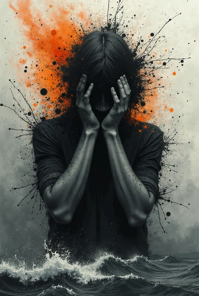 "A surreal, abstract digital painting of a mysterious figure with a dark, shadowed face, partially dissolving into an explosion of black and orange ink-like splashes. The figure’s hands are raised to their face in a contemplative or distressed pose. The ba...