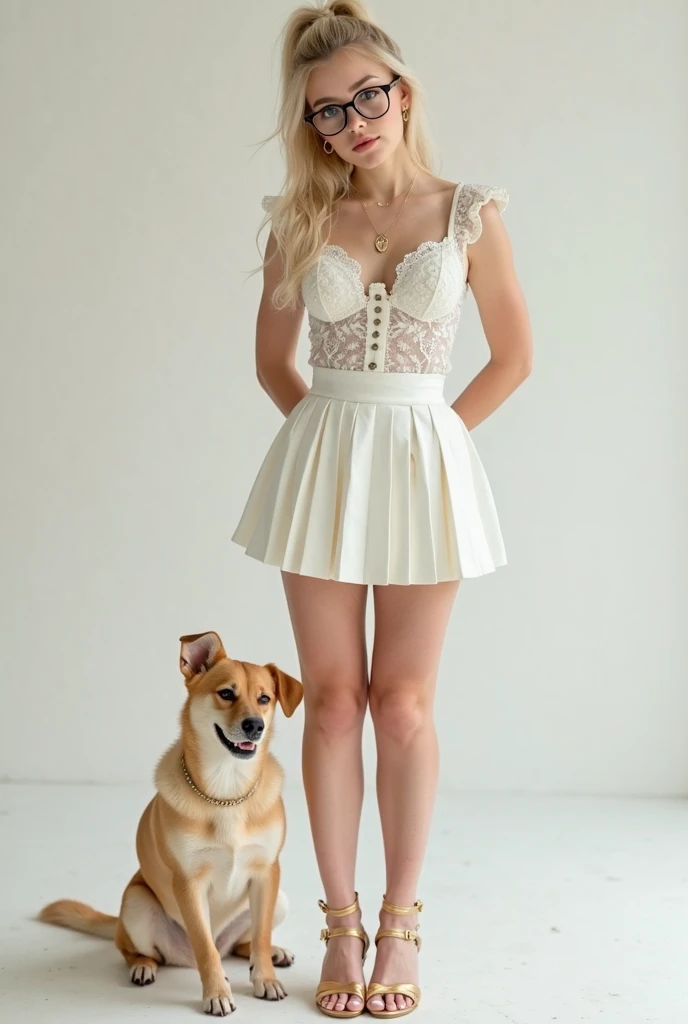 Petite fille blonde, française, ((caucasian)) ((french)), 18ans, cheveux lisse plaqué parfaitement en arrière gominé, une queue de chevale haute, avec des yeux verts, lunettes rondes noires ((black glasses)), visage jeune, 1m60, 57 kg, de belles formes gén...