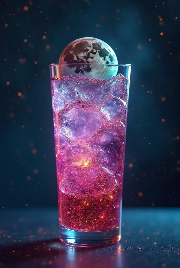 Imagine A tall glass filled with a refreshing drink filled with pink, purple, green, blue nebulae with stars. , with an ice sphere with the image of the moon at the center. A small astronaut suit made of black vinyl leather of Astronaut reflective dark blu...