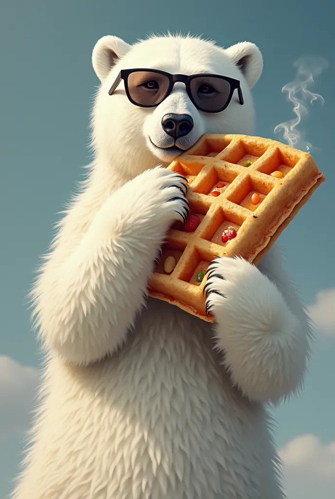 Polar bear with sunglasses holding a waffle with his arm in front of his face that covers part of his face