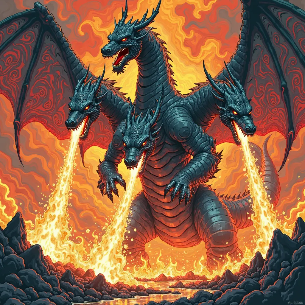 NFT colorful 3d woodcut Ghidorah giant angry destroyer setting fire through the mouth flashy