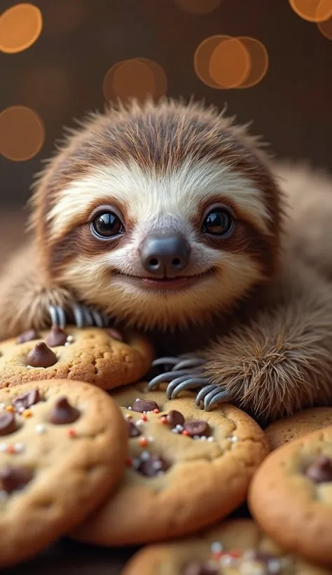 A hyper-realistic, close-up image of an adorable baby sloth with soft, well-defined fur, large glossy eyes, and a gentle smile. The sloth is nestled among a pile of freshly baked, golden-brown chocolate chip cookies, some topped with sprinkles. The texture...