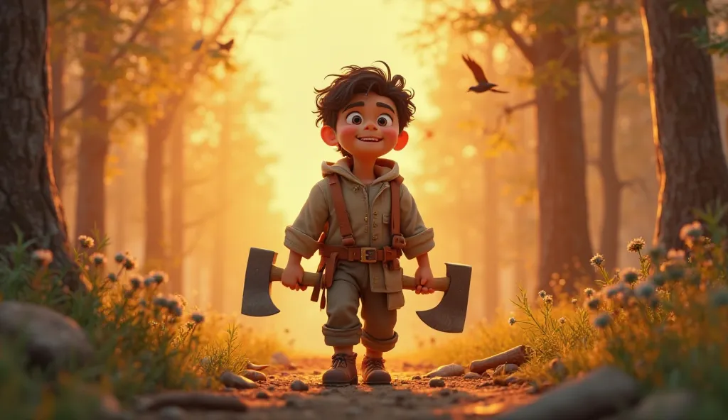 "The happy woodcutter walks through the forest carrying his three axes. Birds fly above, and the sunset bathes the scene in golden light. He is full of gratitude and joy." The woodcutter dressed in worn-out clothes and he have black curly hair his face is ...