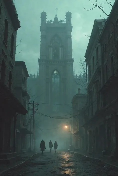 Gothic bulding,through old street, foggy night,scary atmosphere silent hill