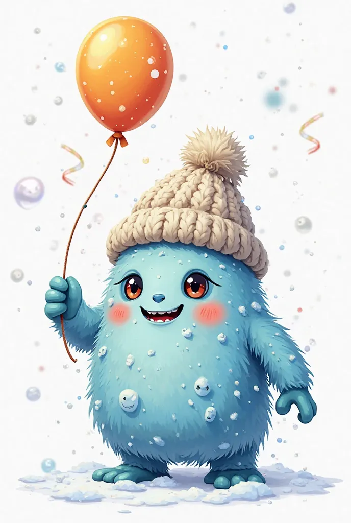 GENERATE A PHOTO OF THE CARTOON CHARACTER FOR ME "WINTER INVADER" WITH HAT AND BIRTHDAY BALLOON, with white background