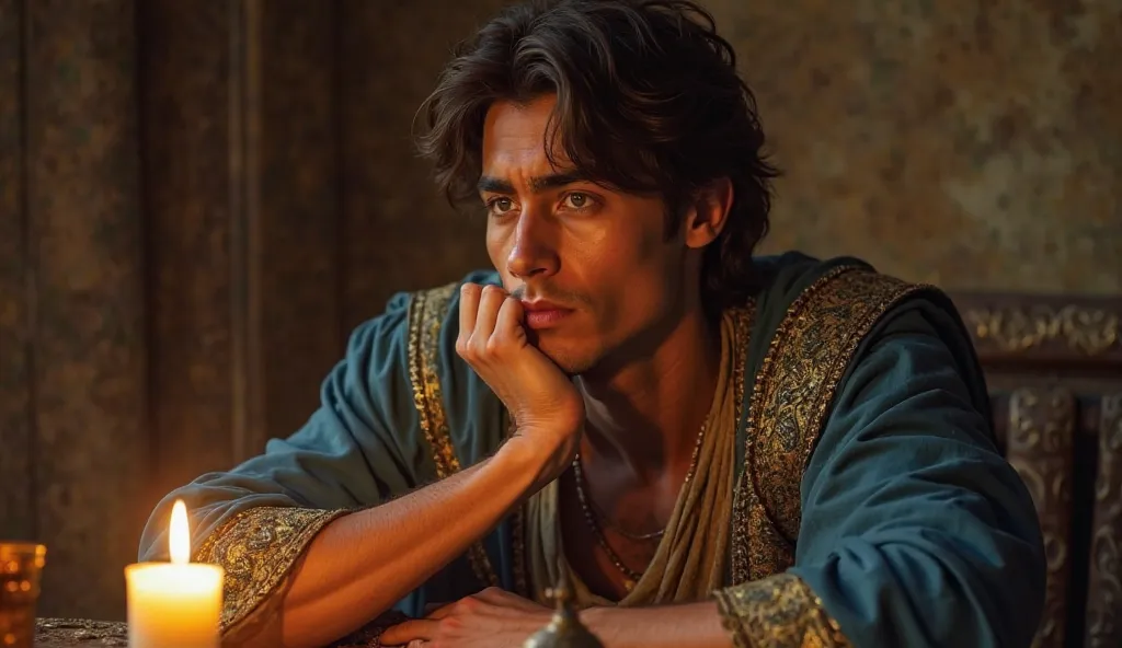  A wealthy young man from ancient Jerusalem,  ABOUT 25 YEARS OLD , with well-groomed dark brown hair and deep green eyes. His Middle Eastern features are refined, with a strong chin and a thoughtful expression. He wears a luxurious robe embroidered in shad...