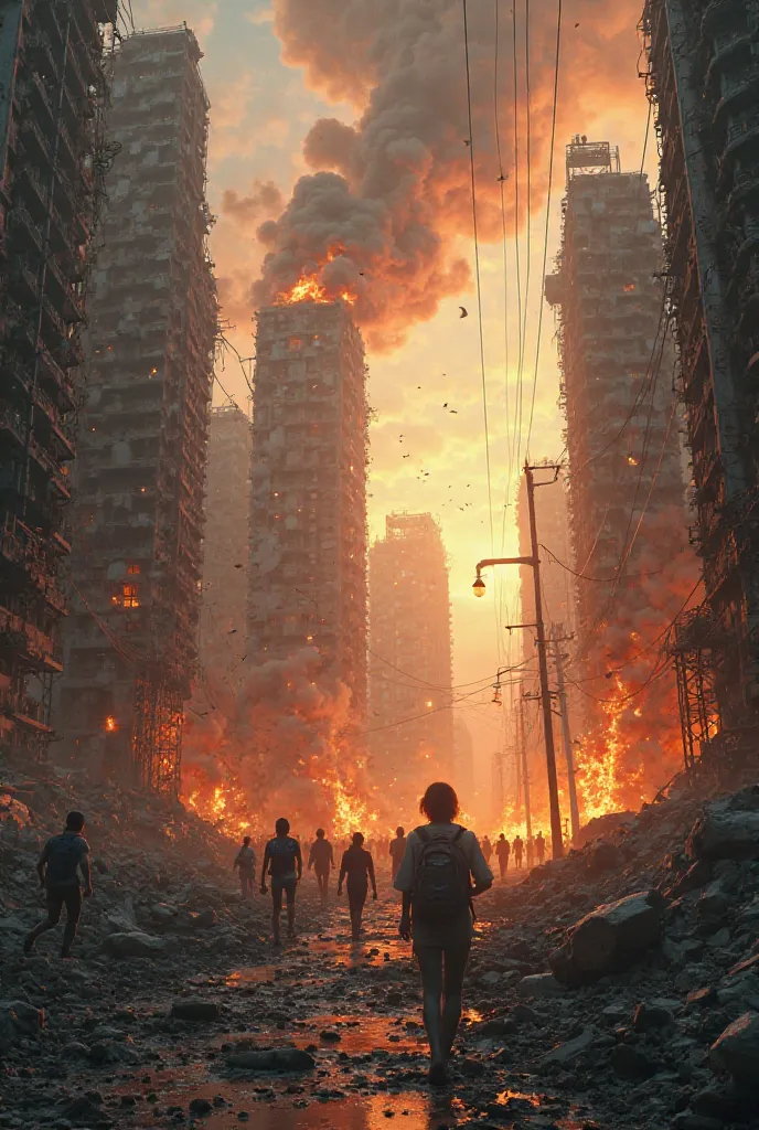 The future city of Thailand is falling apart like the end of the world, flames are burning houses and high-rise buildings, along with young people who are surviving the end of the world.