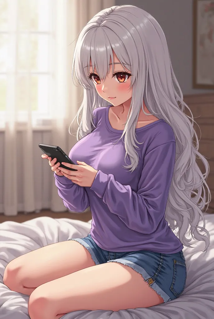 A woman with caramel-eyed eyes, white hair, big breasts,  thin waist, wearing a purple long-sleeved shirt and short denim shorts, sitting on the bed,  Messing with the cell phone, cute and delicate face,  long wavy hair over the shoulders , anime style