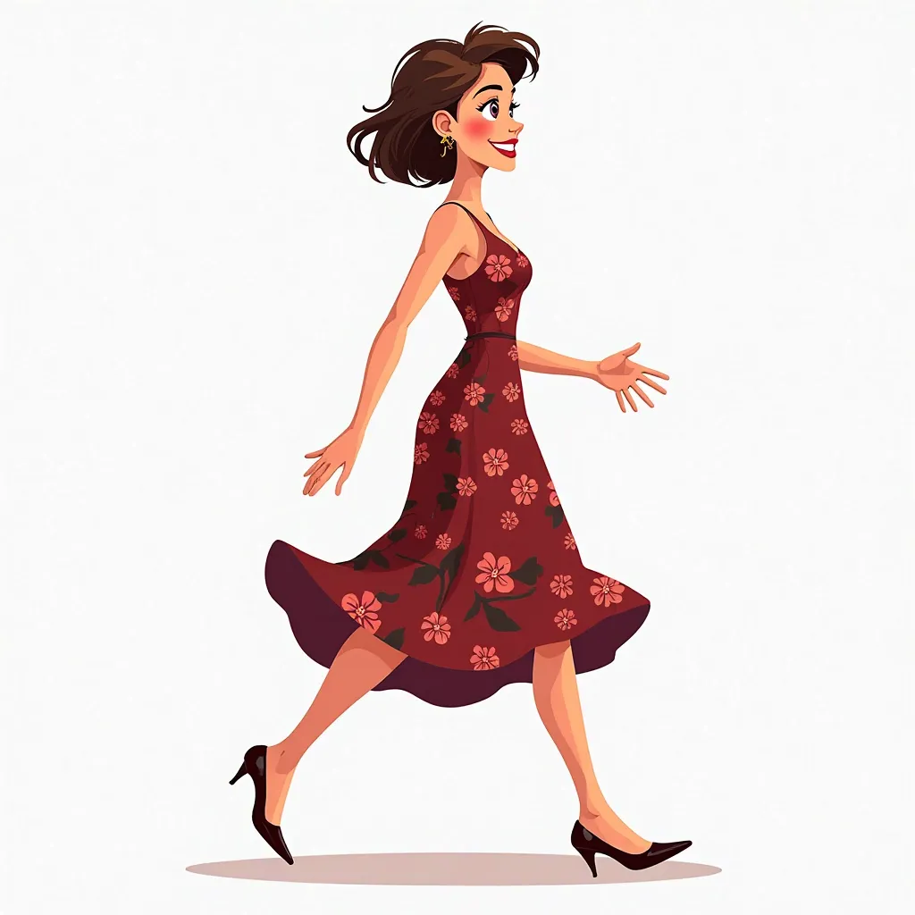 Present Continuous Prompt (Semi-Realistic Cartoon Art - White Background):
A stunning young woman, 27 years old, with short, stylish hair, is actively stepping back into a room, looking at someone with a friendly expression. Her dark red floral dress flows...