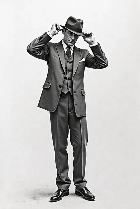 Head-to-head image of an invisible man wearing classic Frank Sinatra clothing imitating the gesture of taking his hat while it is still on his head, The drawing must be in the style of graphite, there must be no trace of skin or gloves