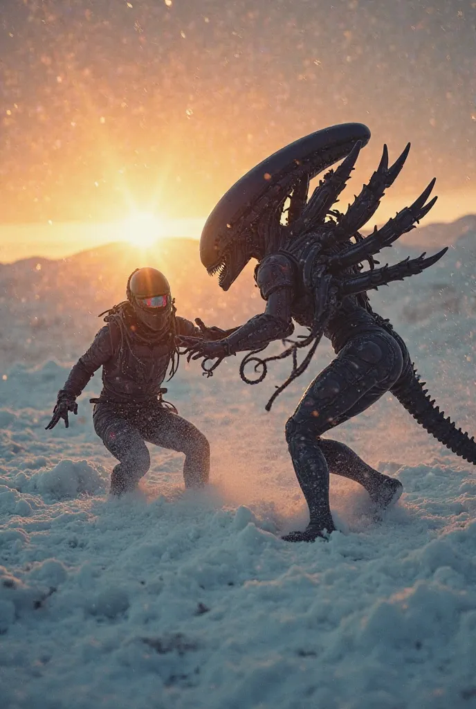 A realistic Alien in motion fighting with the predator, in Antarctica , with the sunset illuminating the place the camera filming them starting up close from the top and then moving away and catching them all.