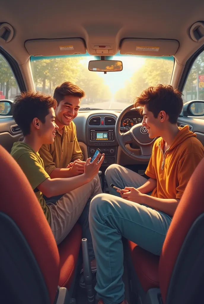 friends in a car talking and with a cell phone 
