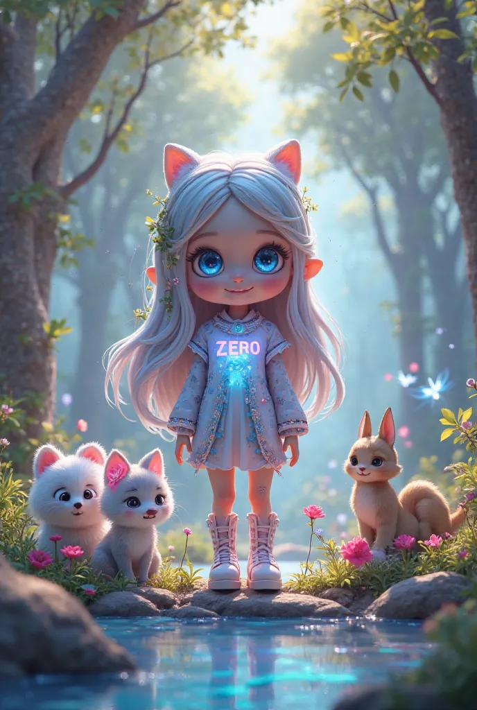 
Create a highly detailed 3D art illustration of ZER0, a young girl embodying the essence of nature and magic in a fantastical world. ZER0 should have an ultra-cute appearance, with a soft, round face and large heterochromatic eyes—one blue and one pink. H...