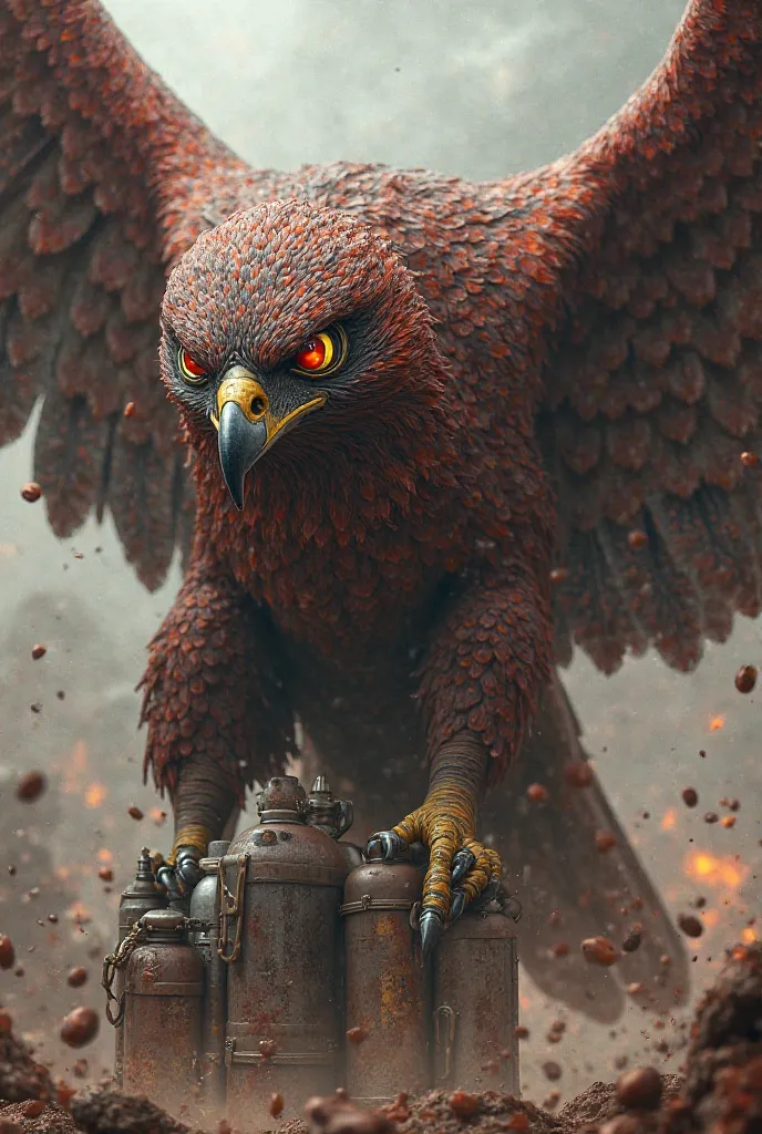 Falcon with grenades, ammunition with a serrated beak and blood wings