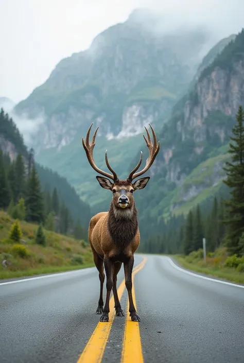 This image features a majestic deer standing confidently in the middle of a paved road with bright yellow lines. The deer has large antlers and appears calm yet alert. In the background, a towering mountain range is visible, covered in lush green vegetatio...