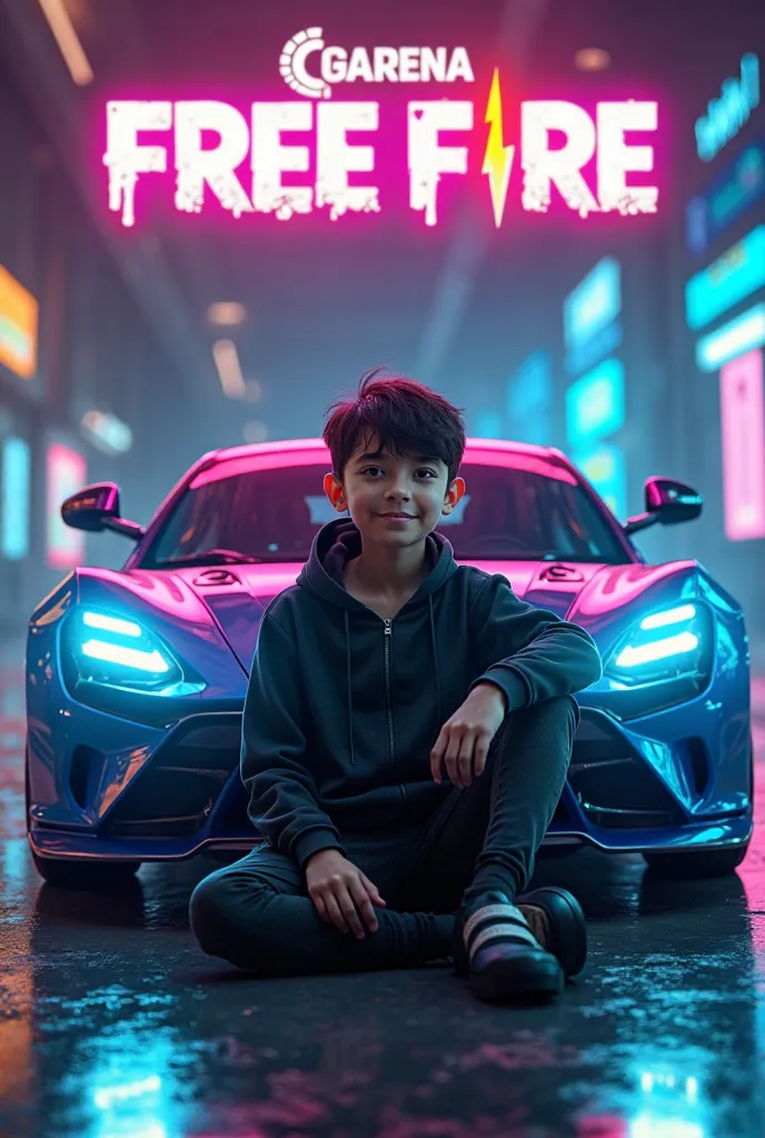 A 14 yars  biy Cool  in black tracksuit, sitting by a futuristic blue sports car with glowing wings. ‘Garena Free Fire JOLLY GAMER’ logo shines above in a bold, dynamic font.”