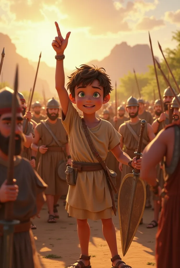 A 17-year-old male named David, with short brown hair and green eyes, wearing a simple brown tunic and leather sandals, surrounded by Israelite soldiers celebrating him as a hero. He is smiling, with a humble expression, holding Goliath's sword in one hand...