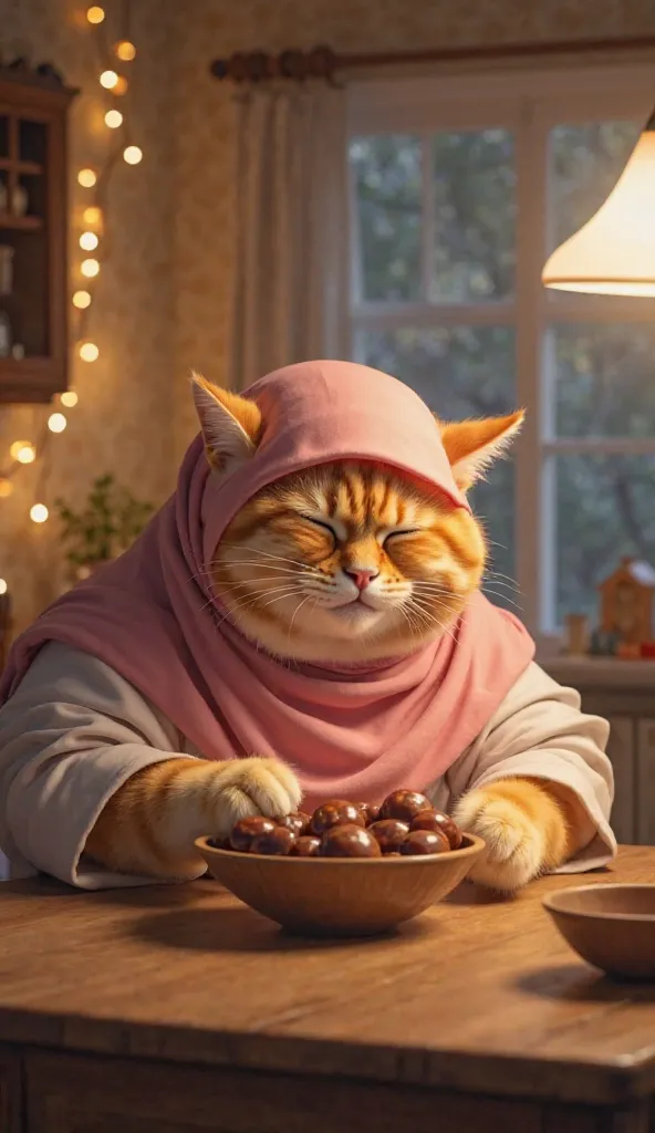 A very fat orange cat in a human body, wearing a pink hijab and white-pink clothes, sits at a wooden dining table in a cozy, softly lit kitchen. The cat looks sleepy but determined, eating a bowl of dates and drinking water, preparing for the fasting day a...