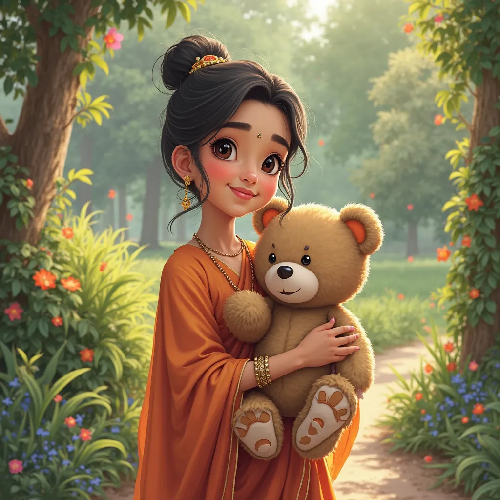 Sri Lankan look 25 th years old  girl with teddy bear . She should be sri lankan girL. At garden. With another color teddy different one.  previous girl is okay 