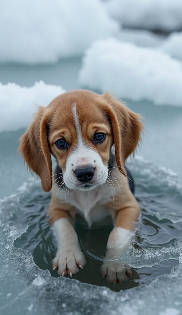 In a frozen river, a hole with pieces of ice is visible. A wet little beagle puppy is floating in the water, his fur is completely wet, water is dripping from his wet ears, his paws are helplessly sliding on the ice, the puppy is trying to get out. His eye...