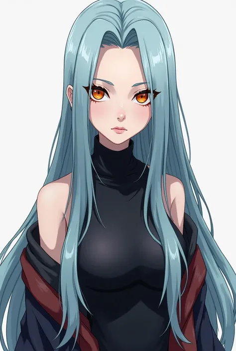 A tall, slim, beautiful pale white skinned woman with long, middle parted light blue hair, snake-like orange eyes, wearing a black bodysuit with no sleeves and an akatsuki coat, based on the style of Naruto