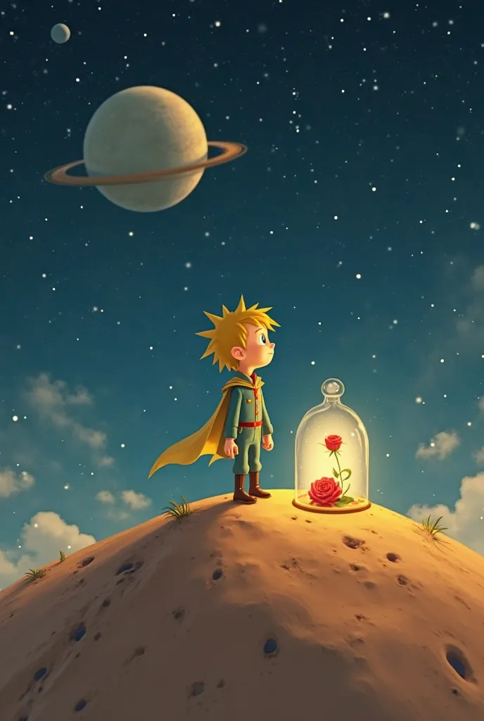 Crée une animation de 10 secondes mettant en scène le Petit Prince apparaissant sur une petite planète flottant dans l’espace. La planète est minuscule, recouverte de sable doré avec quelques brins d’herbe et un volcan endormi. À côté de lui se trouve une ...