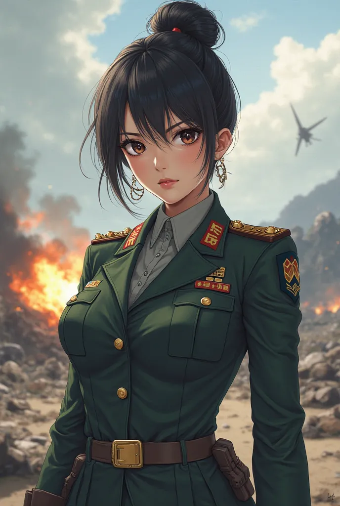 Face-faced military woman with a chongo anime hairstyle 