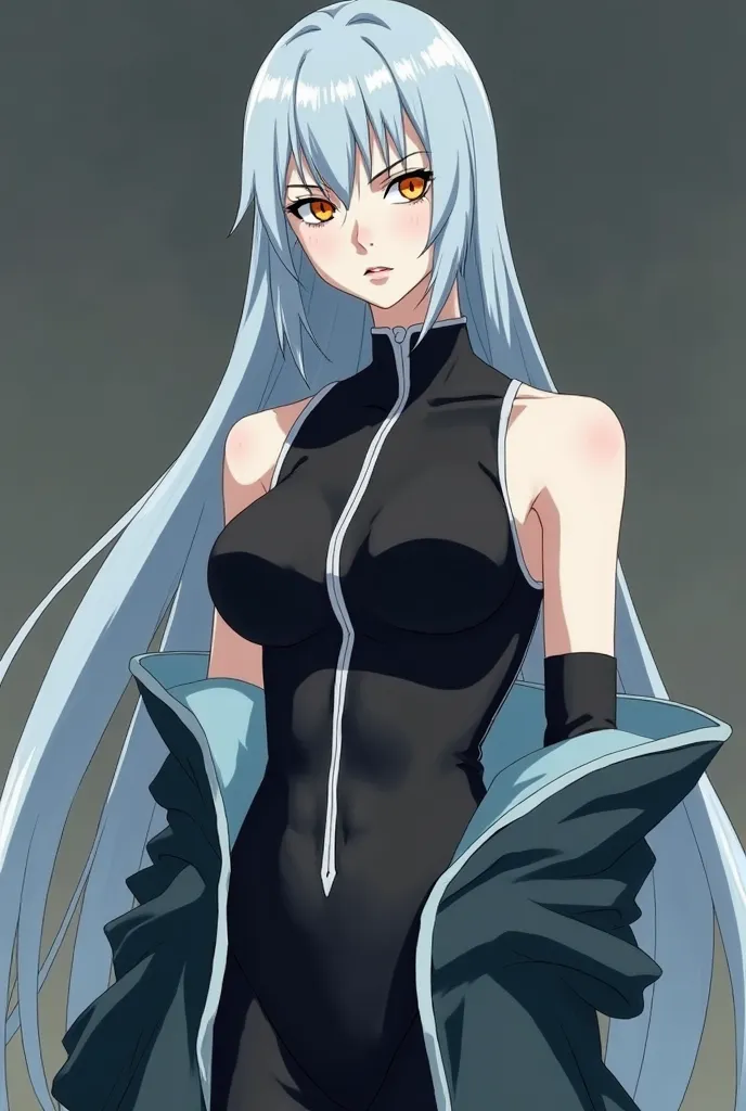 A tall, slim, beautiful pale white skinned woman with long, middle parted light blue hair, snake-like orange eyes, wearing a black bodysuit with no sleeves and an akatsuki coat, based on the style of Naruto