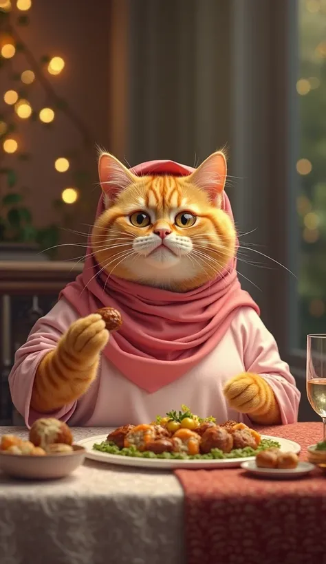 A very fat orange cat in a human body, dressed in a pink hijab and white-pink clothes, sits at the dining table, holding a date in one paw and a glass of water in the other. The cat’s eyes sparkle with happiness as the call to Maghrib prayer is heard. The ...