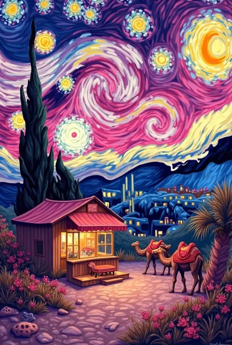 colorfol backgound with vangho stary night but pink color and coffeshop and camels but without humans