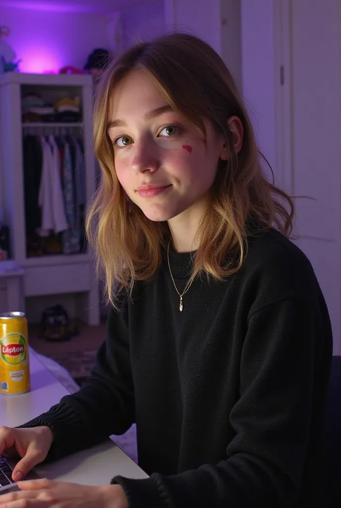 Realistic portrait of a European young 18-year-old girl with light brown hair at neck level, with green eyes and a birthmark near the right eye, with faint freckles in the nose area and slightly near the cheeks. Sits at the computer and plays Sally Face, l...