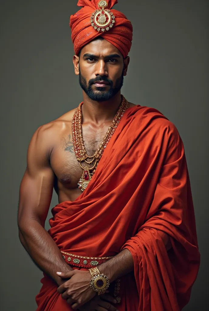 A handsome man wearing traditional red Indian clothing, also wearing a jippa thundu and a doti