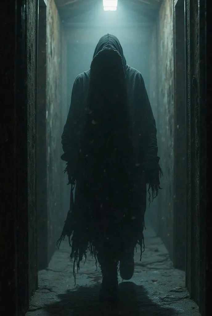 A frightening sight of a dark figure approaching in the shadowy hallway. The scene is imbued with a sense of despair, with harsh shadows stretching as footsteps echo. The sound of 