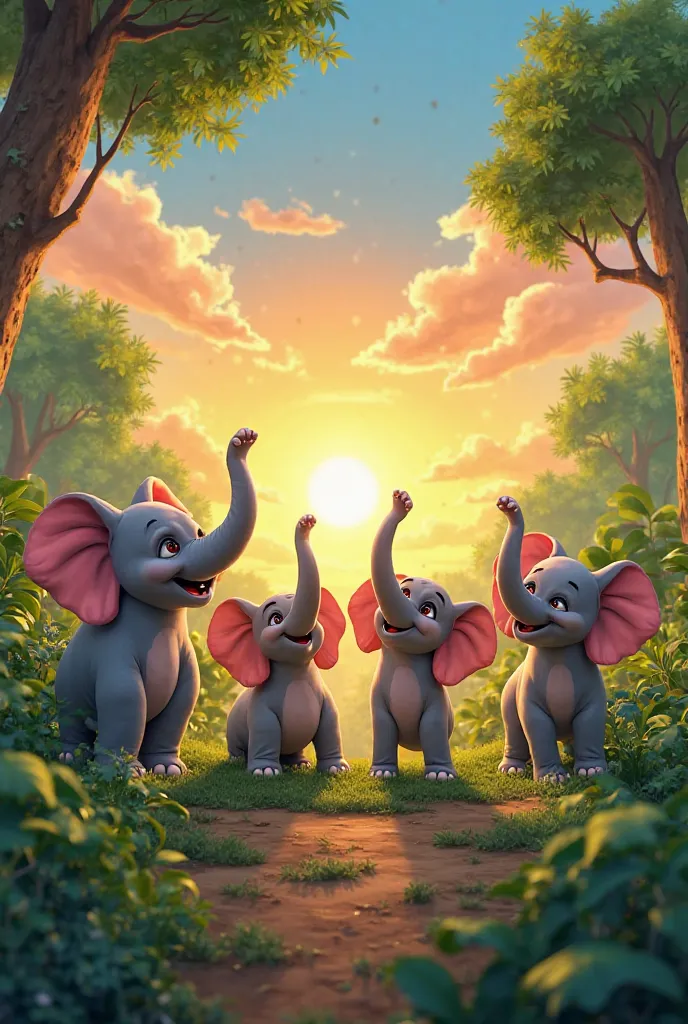 A vibrant jungle at sunrise, lush greenery, and five cheerful elephants — Ella, Max, Bobo, Lily, and Jumbo — stretching and preparing for an adventurous day. The atmosphere is filled with energy, the sky is bright, and the trees are tall. The elephants are...