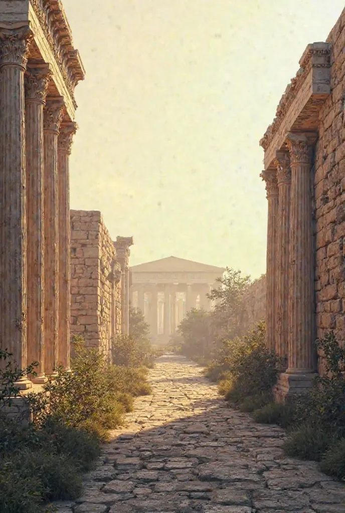 I want a picture showing ancient n Athens where on the right and the left side there are some ruins, without people