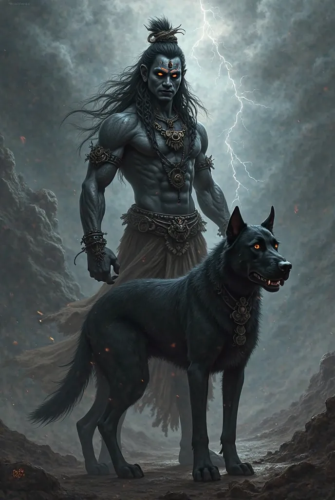 Shiva in rudra avatar with black dog in black theme