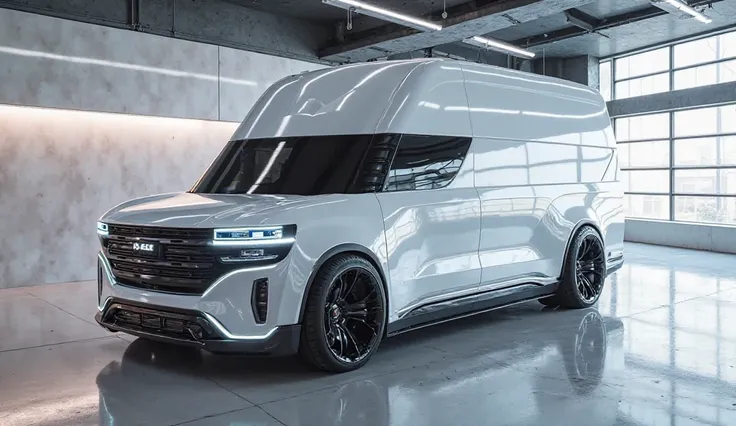 Here is the 2025 GMC Savana 3500 Concept in a shiny white color, left view, displayed in a futuristic showroom. Let me know if you need any changes!
