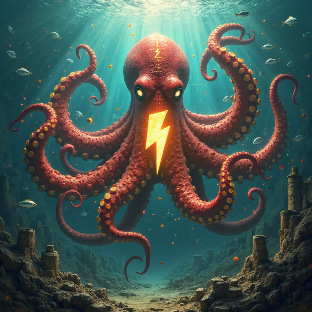 Ful altra hd image,A colossal octopus deep underwater, inspired by Shazam. Its skin glows with a vibrant crimson hue, with golden lightning bolt patterns running along its massive tentacles. A bright golden lightning bolt emblem pulses in the center of its...