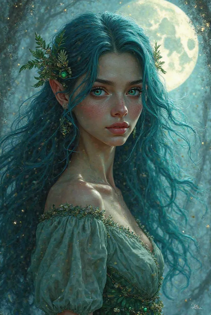 Lyria, a half-elf with hair as blue as the deep waters of a hidden lake, and green eyes that sparkle like emeralds under the moonlight, carries with her a mysterious and enchanting air, a perfect mix between the lightness of the elves and the resolute dete...