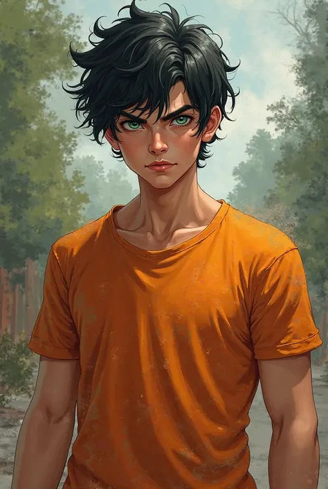  Percy Jackson .  attractive. messy black hair, eyes of the color green of the sea, athletic and muscular build.  sharp face . It always seems like I just got out of a fight or something chaotic. with the orange t-shirt of the mixed race camp