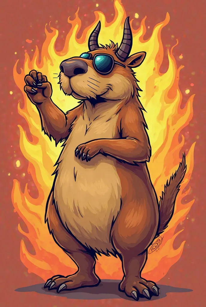 gesture Create a cartoon-style capybara with thick and expressive outlines. Add stylized flames around, in shades of orange and red.
Make me lift one leg with the "rock on " (hand with horns) and with sunglasses.