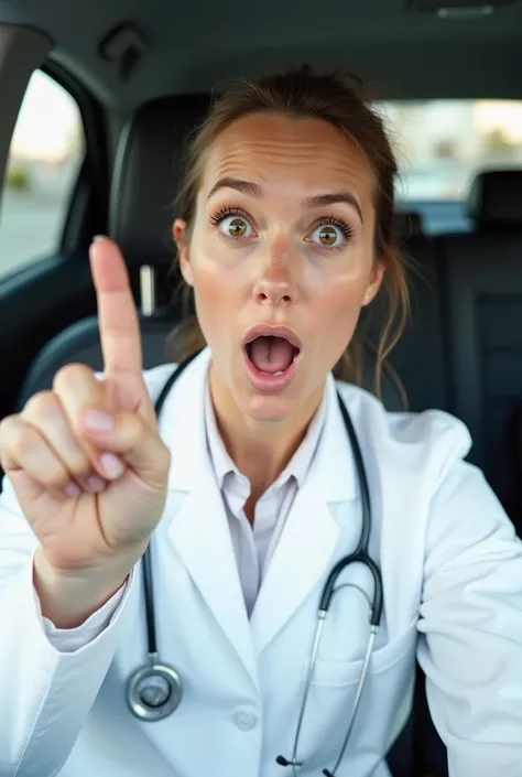 A 30-year-old female doctor in a parked car wearing a white lab coat, in a static UGC selfie looking directly at the camera. She has a slightly surprised expression, with wide eyes while her hand is raised with her index finger pointing upwards. Profession...