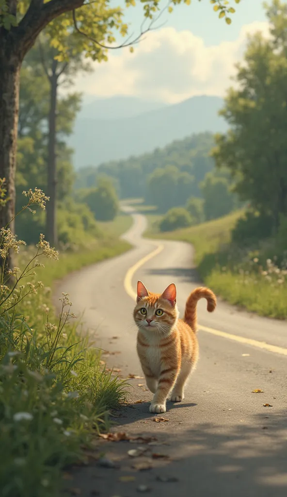 1cat,walking by the ride of the road