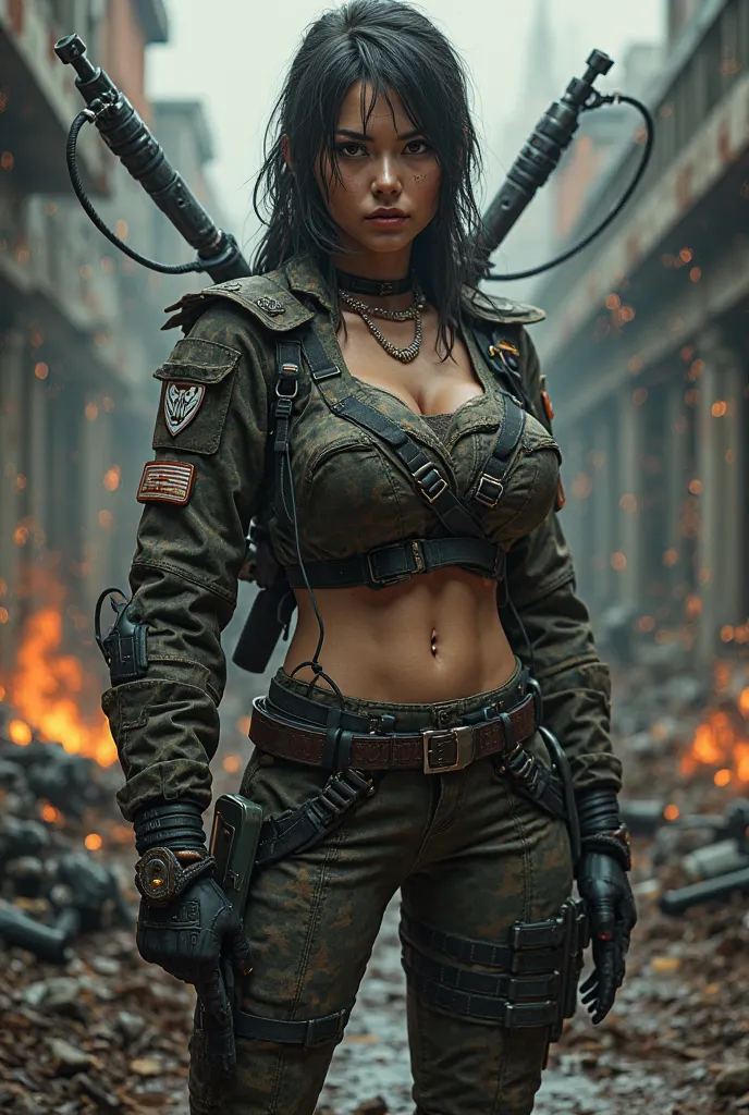 Female warrior in military combat, uniformed , with a logo that reads "The Grand Mafia" and 3D . Background with weapons and war