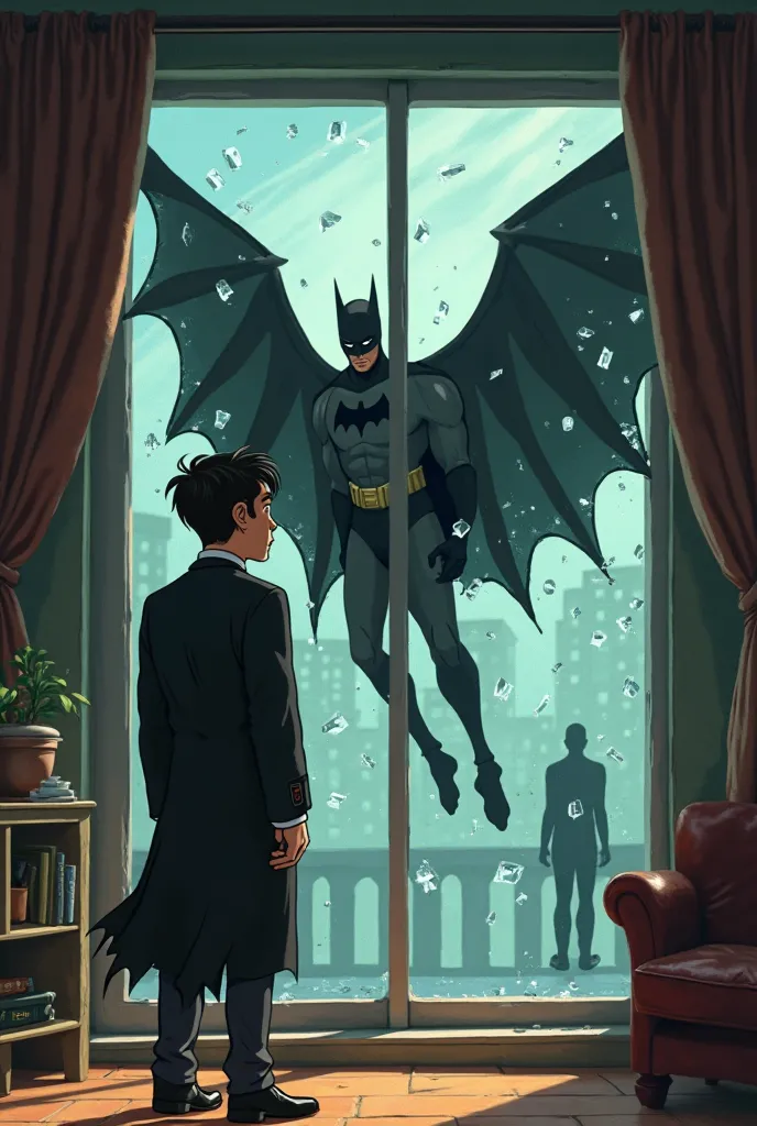 fliescher toons animation; a man with dark hair is in his 1940s living room facing a glass window. a batman breaks through the glass window, pieces of glass everywhere. the man with dark hair is stunned by what happened. a shadowy silhouette appears on the...